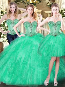 Best Selling Floor Length Lace Up Sweet 16 Quinceanera Dress Green for Military Ball and Sweet 16 and Quinceanera with Beading and Ruffles
