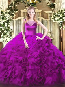 Fuchsia Ball Gowns Scoop Sleeveless Fabric With Rolling Flowers Floor Length Side Zipper Beading Quince Ball Gowns