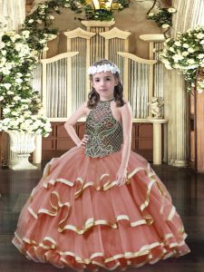 Beading and Ruffled Layers Little Girl Pageant Dress Rust Red Lace Up Sleeveless Floor Length