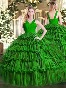 Admirable Floor Length Dark Green Ball Gown Prom Dress V-neck Sleeveless Zipper