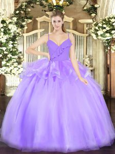 Lavender Quince Ball Gowns Military Ball and Sweet 16 and Quinceanera with Ruffles Spaghetti Straps Sleeveless Zipper
