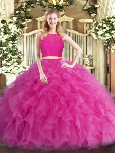 Hot Pink Two Pieces Scoop Sleeveless Tulle Floor Length Zipper Ruffles Sweet 16 Dress