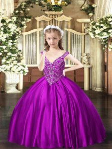 Affordable Satin V-neck Sleeveless Lace Up Beading Little Girls Pageant Dress Wholesale in Purple