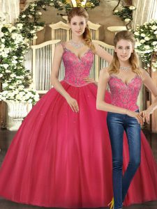 Most Popular Hot Pink Sleeveless Tulle Lace Up 15 Quinceanera Dress for Military Ball and Sweet 16 and Quinceanera