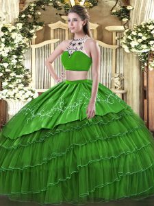 Nice Green Two Pieces High-neck Sleeveless Tulle Floor Length Backless Beading and Embroidery and Ruffles Sweet 16 Dresses