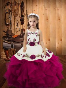 Cheap Floor Length Fuchsia Little Girl Pageant Dress Tulle Sleeveless Embroidery and Ruffles