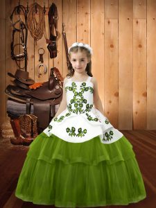 Sleeveless Floor Length Embroidery Lace Up Little Girls Pageant Dress Wholesale with Olive Green