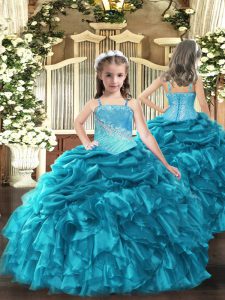 Teal Ball Gowns Straps Sleeveless Organza Floor Length Lace Up Embroidery and Ruffles Little Girls Pageant Dress