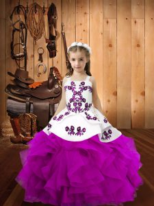 Perfect Fuchsia Sleeveless Floor Length Embroidery and Ruffles Lace Up Little Girls Pageant Dress Wholesale