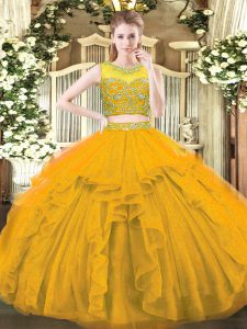 Gold Two Pieces Tulle Scoop Sleeveless Beading and Ruffles Floor Length Zipper Ball Gown Prom Dress