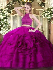Floor Length Backless Sweet 16 Dresses Fuchsia for Military Ball and Sweet 16 and Quinceanera with Beading and Ruffles