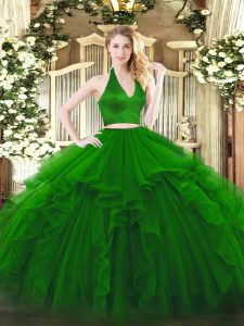 Sleeveless Floor Length Ruffles Zipper Quinceanera Gown with Green
