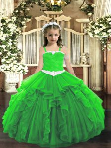 Affordable Green Straps Lace Up Appliques and Ruffles Custom Made Pageant Dress Sleeveless
