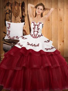 Embroidery and Ruffled Layers Quinceanera Gowns Burgundy Lace Up Sleeveless Sweep Train