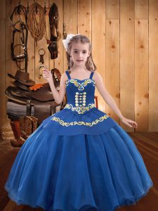 Beauteous Blue Sleeveless Beading and Embroidery and Ruffles Floor Length Pageant Dress