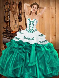 Spectacular Turquoise Quinceanera Gown Military Ball and Sweet 16 and Quinceanera with Embroidery and Ruffles Strapless Sleeveless Lace Up