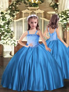 Baby Blue Ball Gowns Straps Sleeveless Satin Floor Length Lace Up Appliques Little Girls Pageant Dress Wholesale