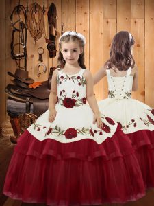 Wine Red Lace Up Little Girl Pageant Gowns Embroidery and Ruffled Layers Sleeveless Floor Length