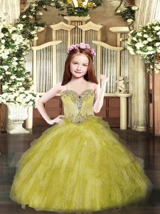 Dramatic Sleeveless Floor Length Beading and Ruffles Lace Up Custom Made Pageant Dress with Olive Green
