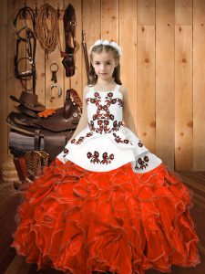 Sleeveless Floor Length Embroidery and Ruffles Lace Up Pageant Gowns with Orange Red