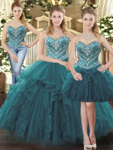 Colorful Teal Sweetheart Lace Up Beading and Ruffles Quinceanera Dresses Sleeveless