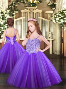 Floor Length Lace Up Little Girls Pageant Gowns Lavender for Party and Quinceanera with Appliques