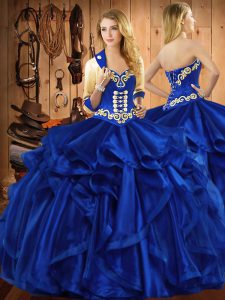 Sleeveless Floor Length Embroidery and Ruffles Lace Up 15 Quinceanera Dress with Royal Blue
