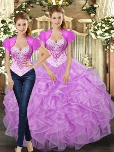 Lilac Ball Gowns Tulle Straps Sleeveless Beading and Ruffles Floor Length Lace Up Ball Gown Prom Dress