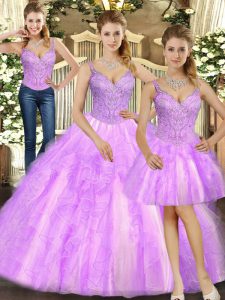 Best Lilac Quinceanera Gowns Military Ball and Sweet 16 and Quinceanera with Beading and Ruffles Straps Sleeveless Lace Up
