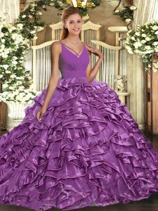 V-neck Sleeveless Sweep Train Backless Quince Ball Gowns Lilac Organza