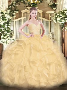 Shining Gold Sleeveless Floor Length Beading and Ruffles Lace Up Quinceanera Dress