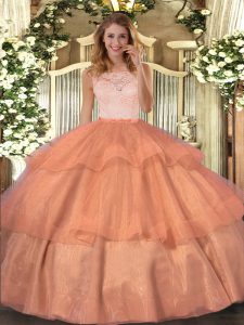 Orange Ball Gowns Scoop Sleeveless Organza Floor Length Clasp Handle Lace and Ruffled Layers 15th Birthday Dress