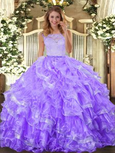 Trendy Sleeveless Floor Length Lace and Ruffled Layers Clasp Handle 15th Birthday Dress with Lavender