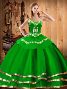 Custom Design Green Ball Gown Prom Dress Military Ball and Sweet 16 and Quinceanera with Embroidery Sweetheart Sleeveless Lace Up