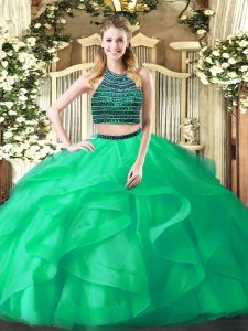 Floor Length Turquoise Ball Gown Prom Dress Organza Sleeveless Beading and Ruffles