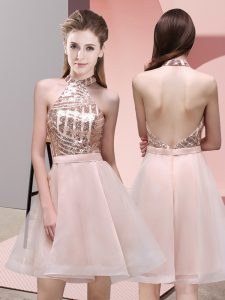 High Quality Baby Pink A-line Chiffon Halter Top Sleeveless Sequins Mini Length Backless Dama Dress