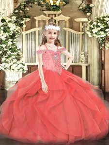 Eye-catching Coral Red Sleeveless Floor Length Beading and Ruffles Lace Up Kids Formal Wear