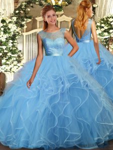 Vintage Aqua Blue Ball Gowns Scoop Sleeveless Organza Floor Length Backless Ruffles Quinceanera Gowns