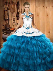 Glorious Organza Halter Top Sleeveless Lace Up Embroidery and Ruffled Layers Quinceanera Gown in Teal