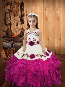 High Quality Organza Straps Sleeveless Lace Up Embroidery and Ruffles Little Girls Pageant Gowns in Fuchsia