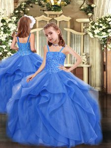 Blue Ball Gowns Beading and Ruffles Pageant Dress for Teens Lace Up Organza Sleeveless Floor Length