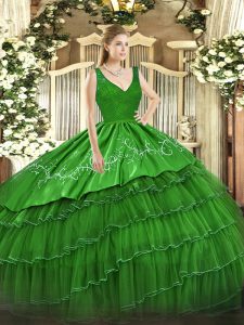 Elegant Green Backless V-neck Beading and Lace and Embroidery and Ruffled Layers Quinceanera Dress Organza and Taffeta Sleeveless