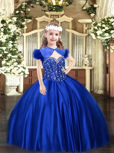 Popular Beading Little Girl Pageant Dress Royal Blue Lace Up Sleeveless Floor Length