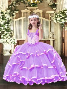 Lilac Straps Neckline Beading and Ruffled Layers Evening Gowns Sleeveless Lace Up