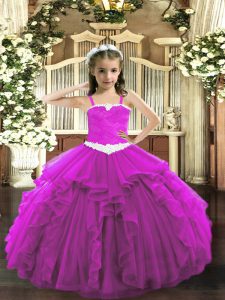 Modern Sleeveless Lace Up Floor Length Appliques and Ruffles Little Girl Pageant Dress