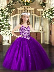 Trendy Floor Length Purple Kids Pageant Dress Straps Sleeveless Lace Up