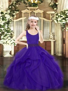Purple Ball Gowns Scoop Sleeveless Tulle Floor Length Zipper Beading and Ruffles Pageant Dress Wholesale