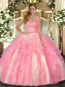Rose Pink Sweetheart Lace Up Ruffles Quinceanera Gowns Sleeveless