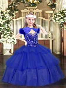 Royal Blue Lace Up Kids Formal Wear Beading and Ruffled Layers Sleeveless Floor Length