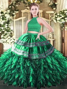 Beading and Embroidery and Ruffles Quince Ball Gowns Dark Green Backless Sleeveless Floor Length